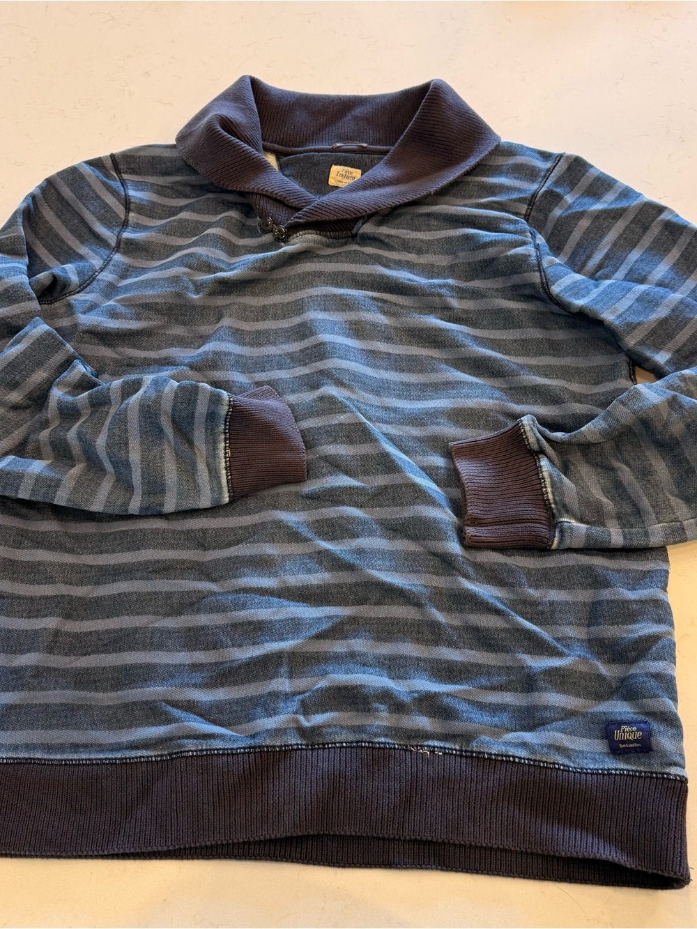 Scotch & Soda Blue and Gray Striped Shawl-Collar Sweater